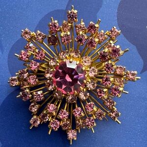 Vintage Austria Starburst Crystal Cluster Pink and Gold Brooch